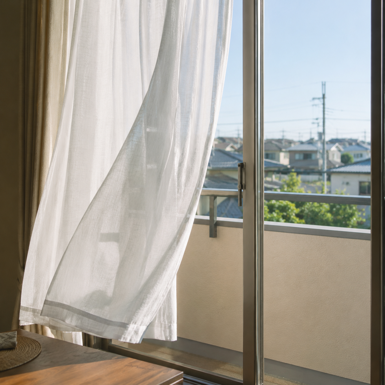 マンションのリビングの窓が少し開いている