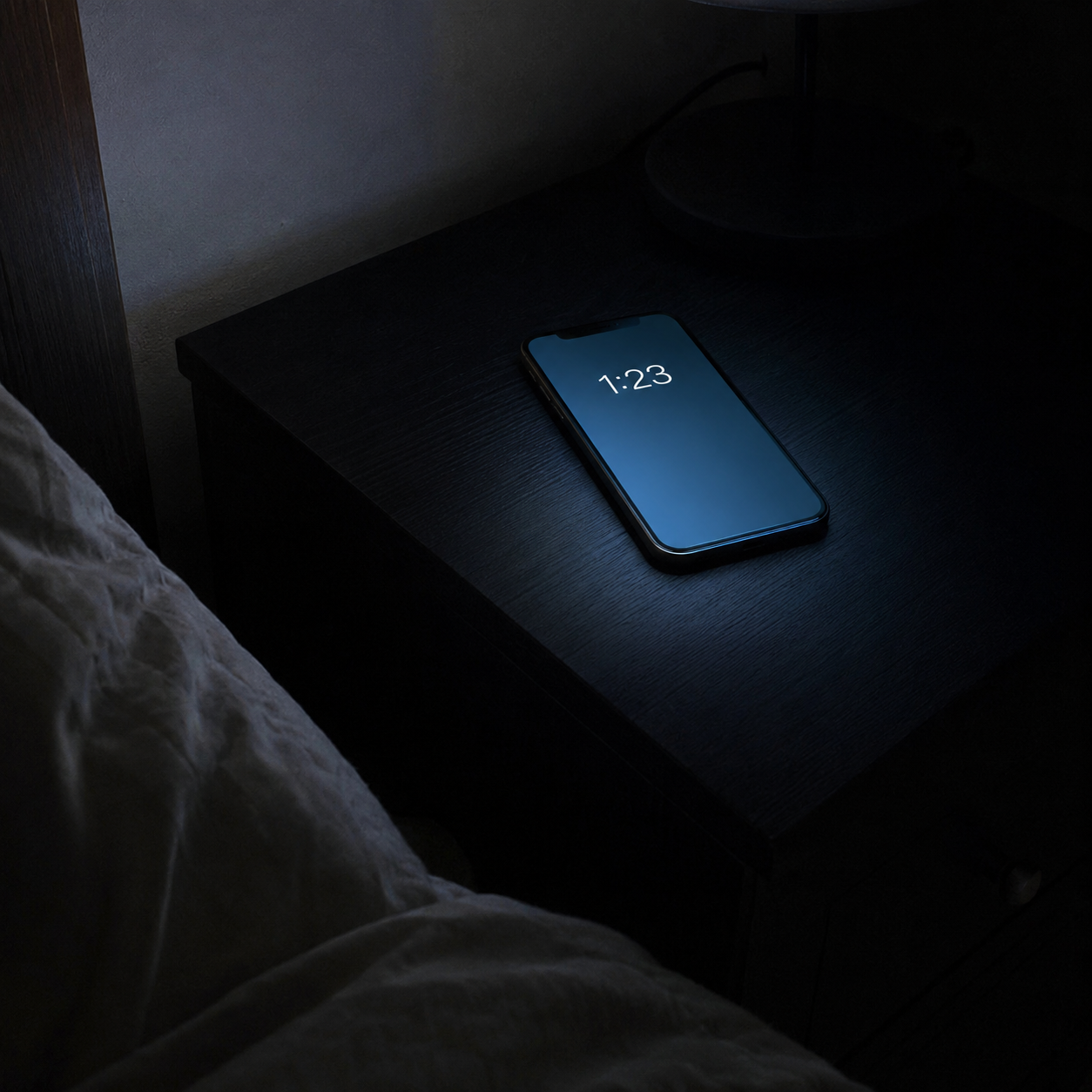深夜1時23分、枕元の暗いベッドサイドテーブル