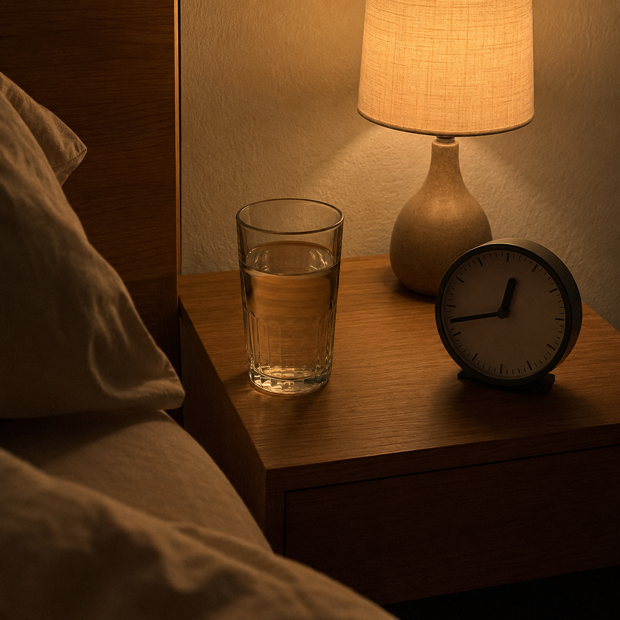 夜0時43分、ベッドサイドの小さなテーブル
